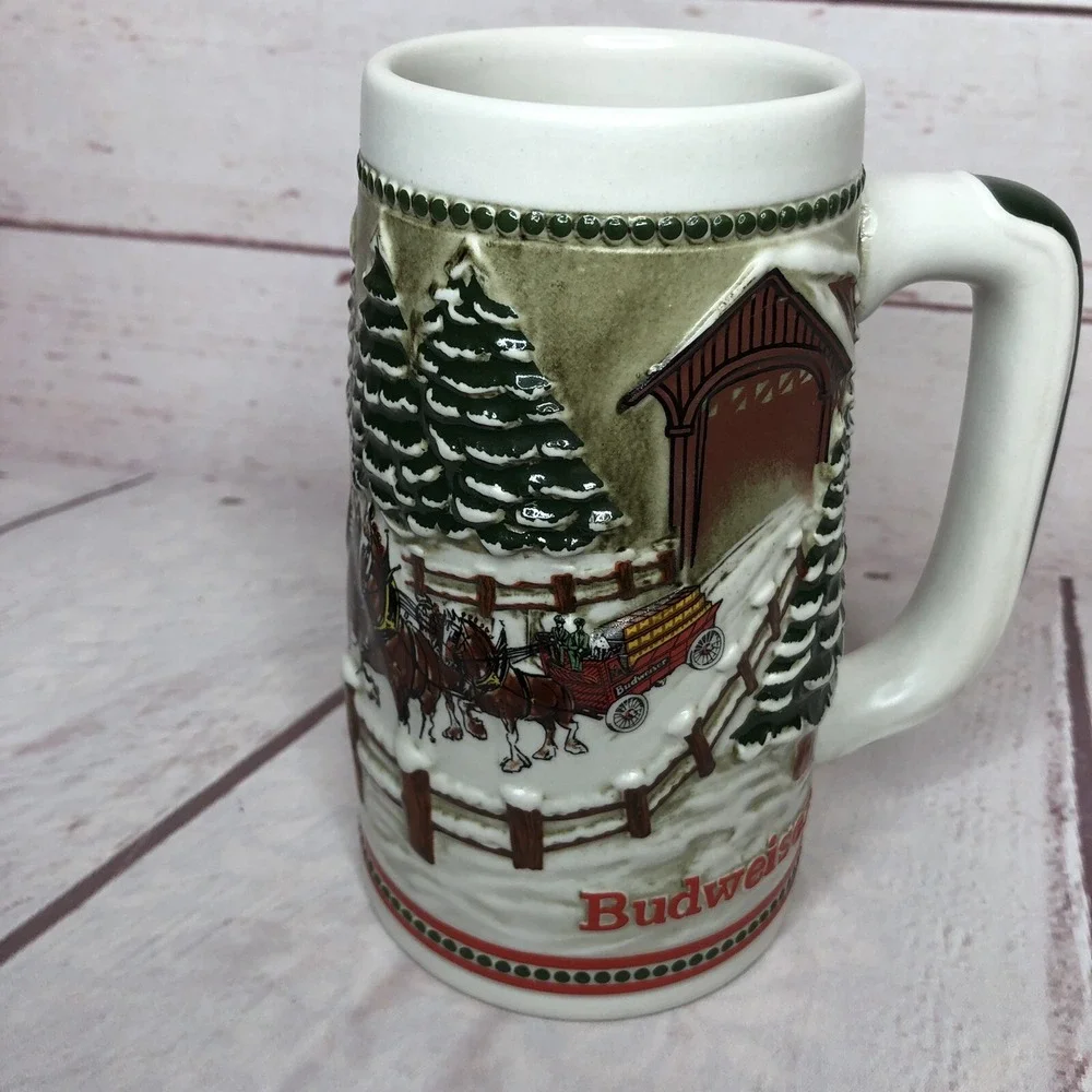 Vintage Budweiser Stein Mug Clydesdales Christmas Ceramarte‎ Snowy Winters Eve